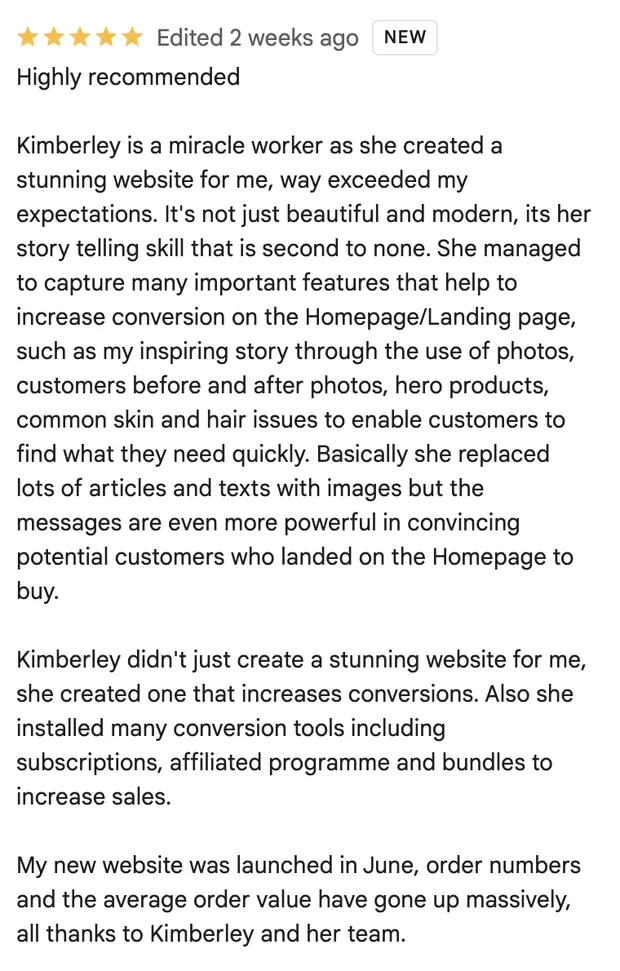 Five star review praising the storytelling and conversion work on a new homepage