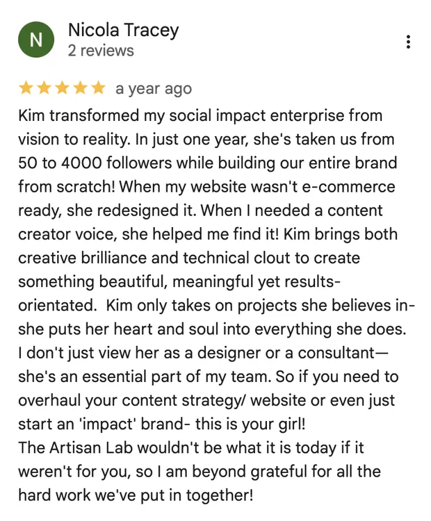 Five star review from Nicola Tracey on building The Artisan Lab's brand from scratch