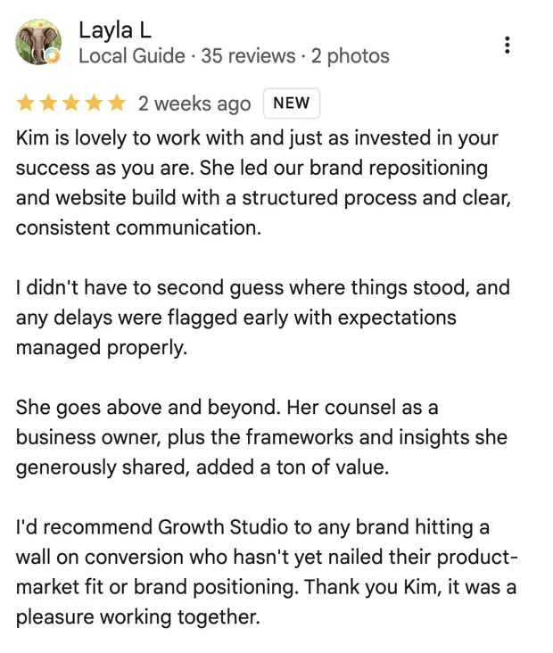 Five star review from Layla L on the brand repositioning and website build