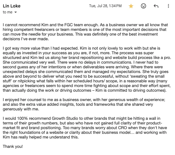 Email from Lin Loke recommending Growth Studio for brand repositioning